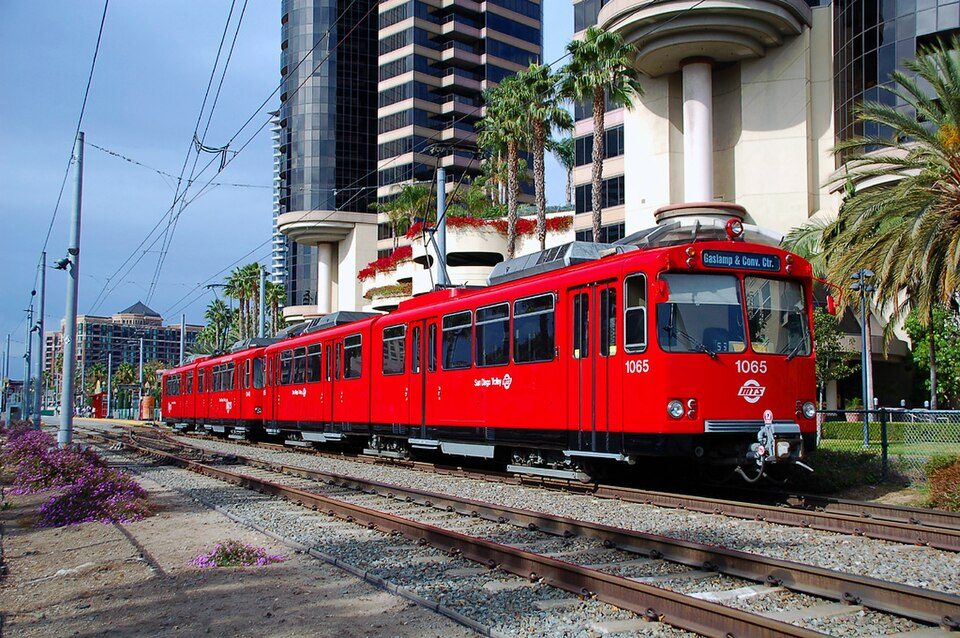 San Diego Trolley car 1065. The Mid-Coast extension took the Blue Line to UC San Diego and University City.