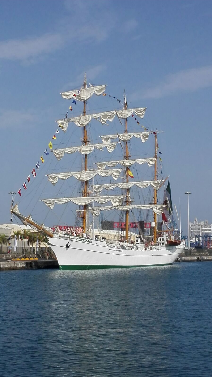 The ARM Cuauhtemoc docked, her name legible on the bow. Today is the last day of free public tours on the North Embarcadero before she sails.