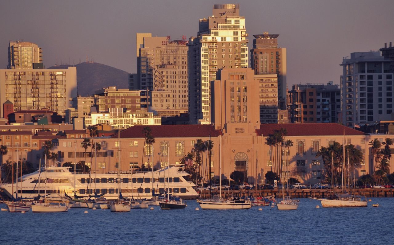 The County Administration Building on the waterfront at sunset, the seat of county government.