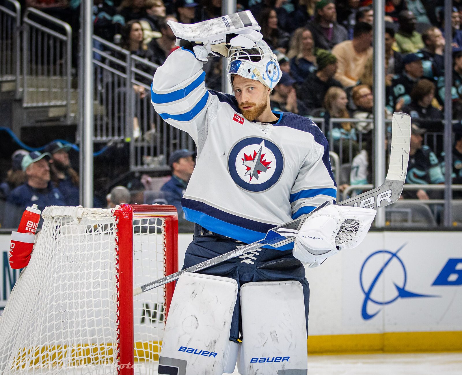 Gulls goaltender Laurent Brossoit, pictured with Winnipeg in Seattle on March 8, 2024, stopped 25 of the 27 Tucson shots he faced on Friday night. The two he allowed were all the Roadrunners needed.
