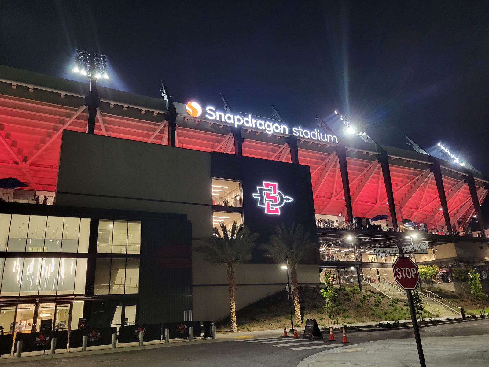 The Snapdragon Stadium facade on a game night. The Aztecs snapped a three-game losing streak with the comeback in the first Pac-12 game either program has played.