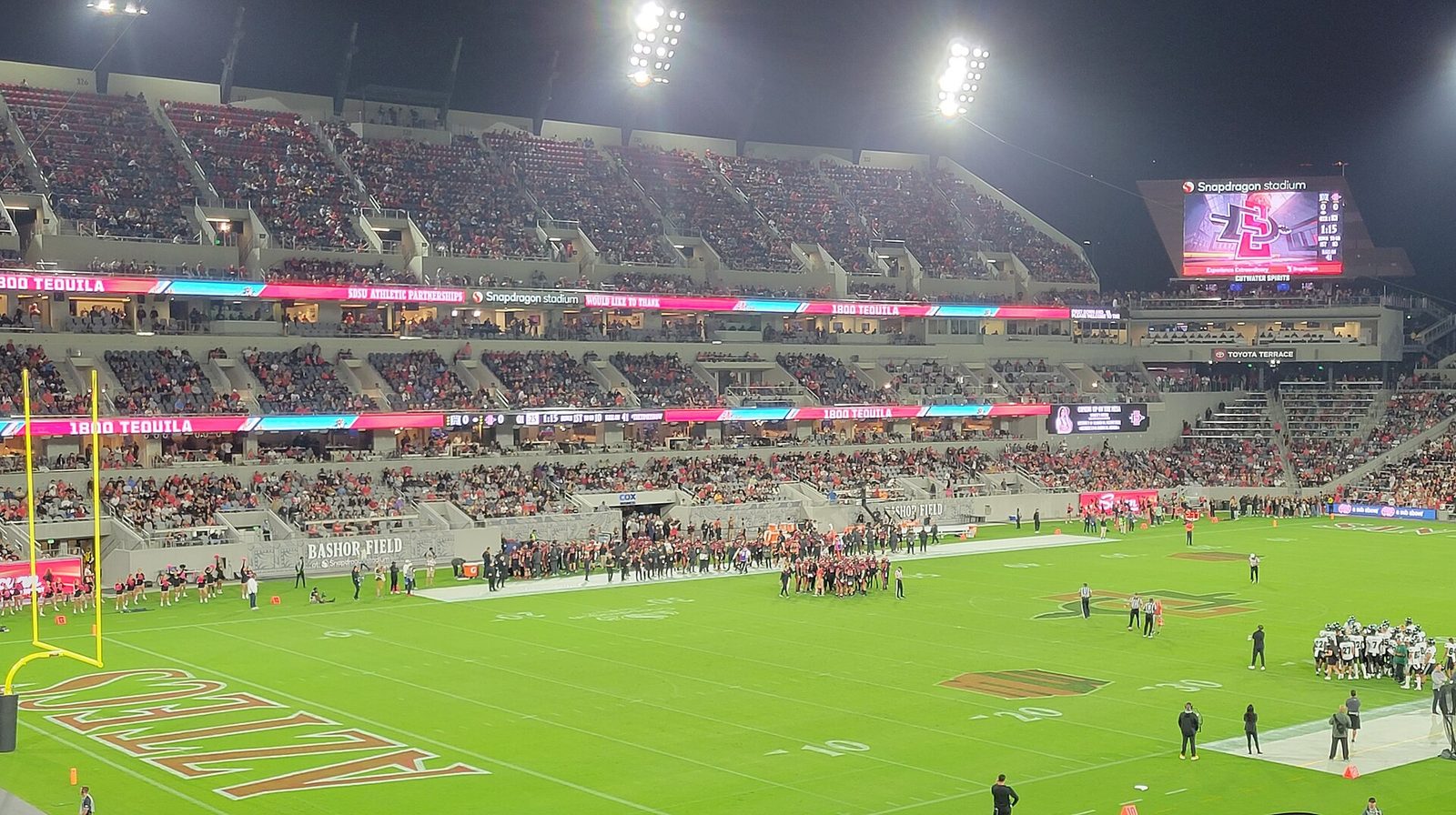 Bashor Field and the home stands at Snapdragon Stadium on a game night, the AZTECS end zone in the foreground. San Diego State limited Fresno State to 276 total yards here on Saturday, the fewest the Aztecs have allowed this season.