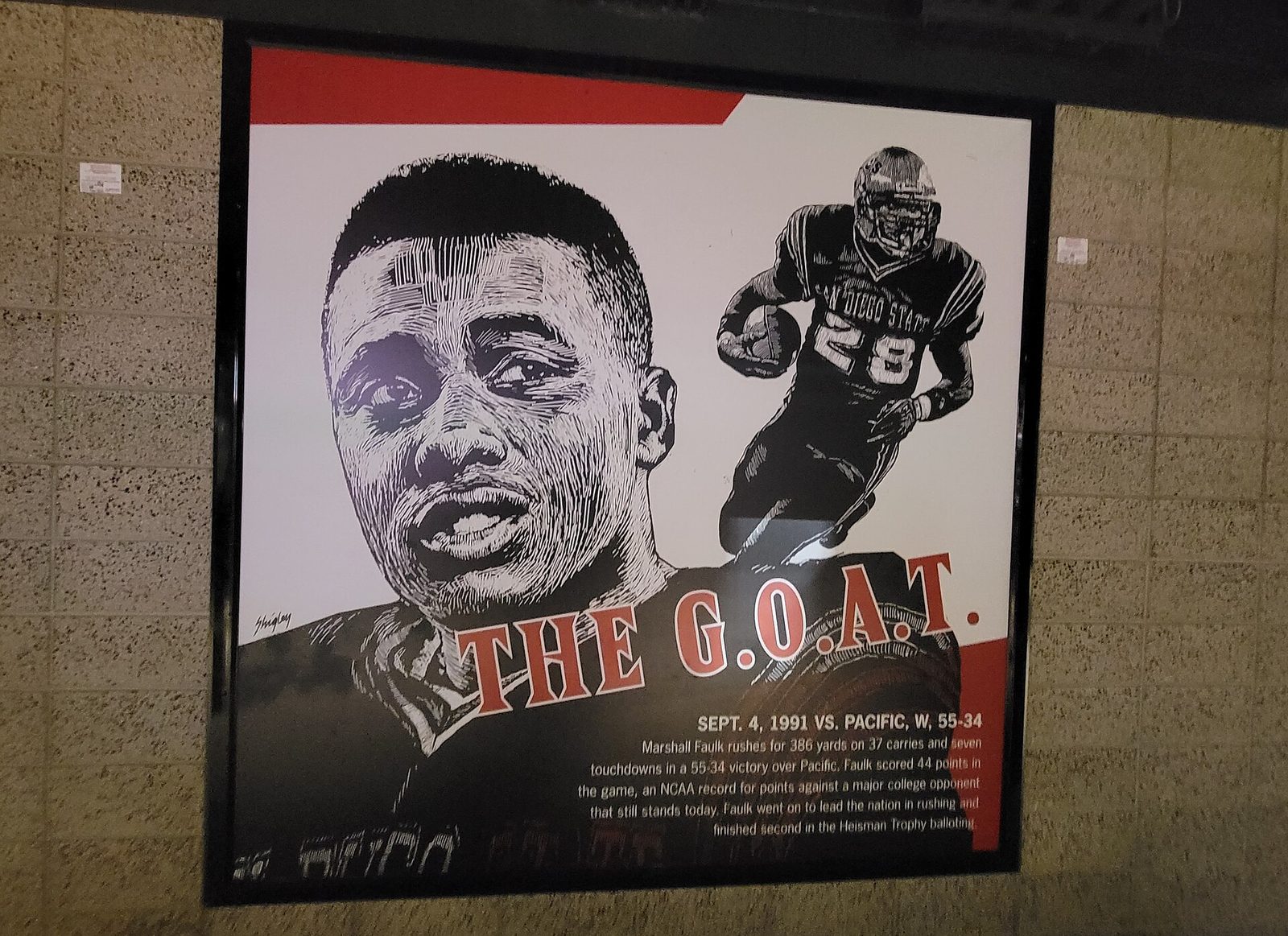 A mural inside Snapdragon Stadium honoring Marshall Faulk and his 386 yard, seven touchdown game against Pacific on September 4, 1991. DiLeva's 53 yard field goal on Saturday tied for the seventh longest in program history, a list that reaches back through the record book the mural celebrates.