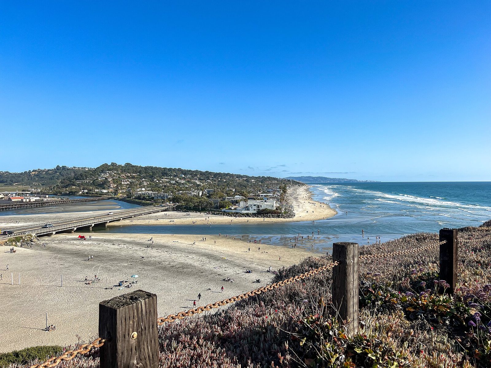 The beach below the bluffs, seen from the James Scripps Bluff Preserve. The bluffs between Del Mar and Torrey Pines are among the most erosion-prone stretches of the Southern California coast.