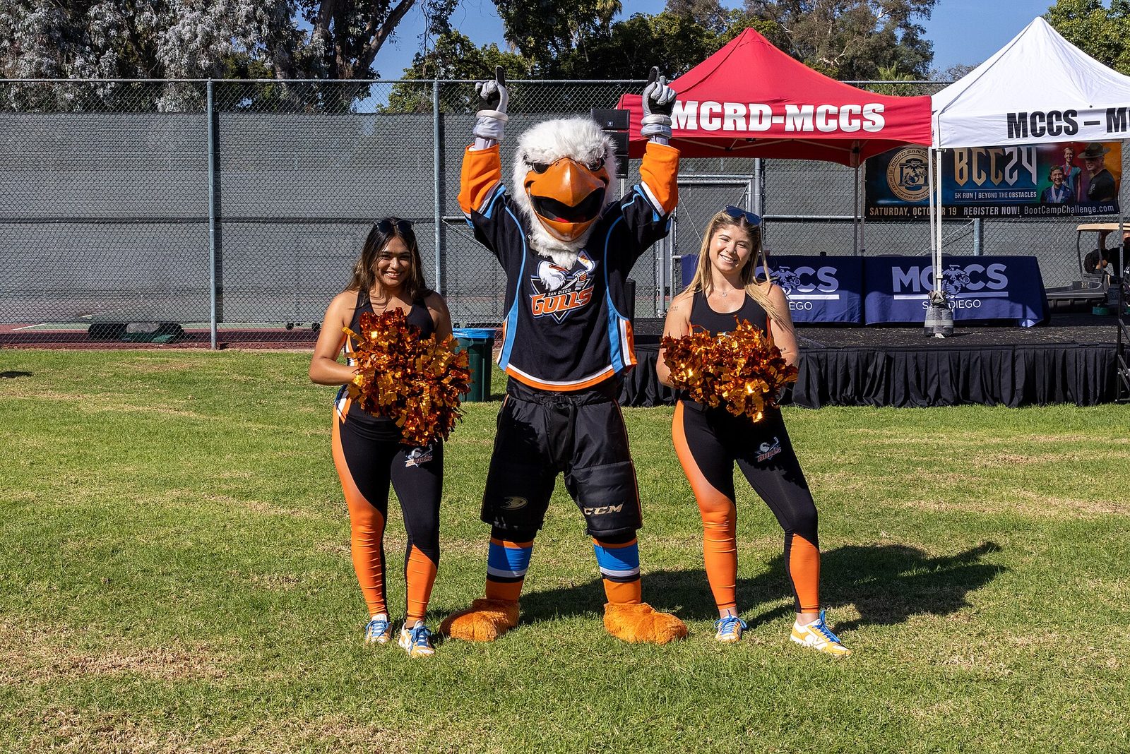 Gulliver, the Gulls mascot, with members of the club's dance team at a Marine Corps Recruit Depot community event in San Diego. The mascot had a better Saturday than Friday: a shutout loss, then an overtime win 24 hours later.