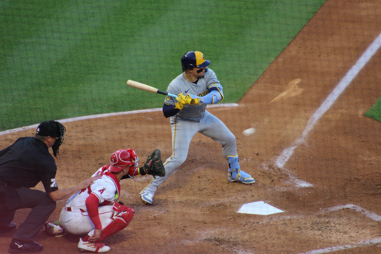 William Contreras in the batter's box in Anaheim in June 2024. His two-out homer in the seventh inning off Adrian Morejon was the difference in Game 1.