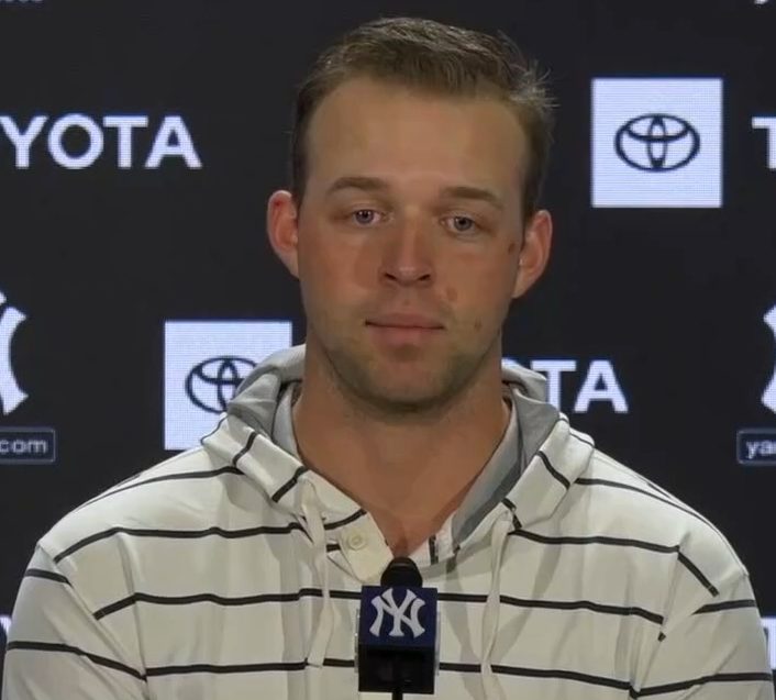 Michael King at a Yankees press conference in June 2021, before he came to San Diego. He holds a $28 million player option for 2027 with a $5 million buyout.