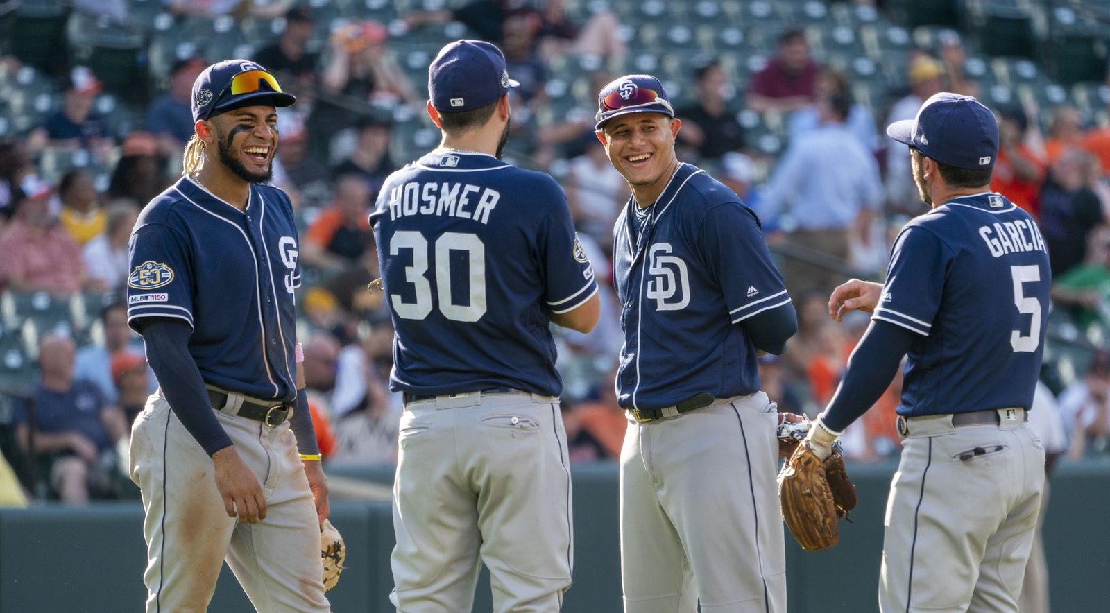 Fernando Tatis Jr. (left) and Manny Machado in 2019, their first season as Padres teammates. On Tuesday they homered in the same first inning, Tatis on the game's first pitch.