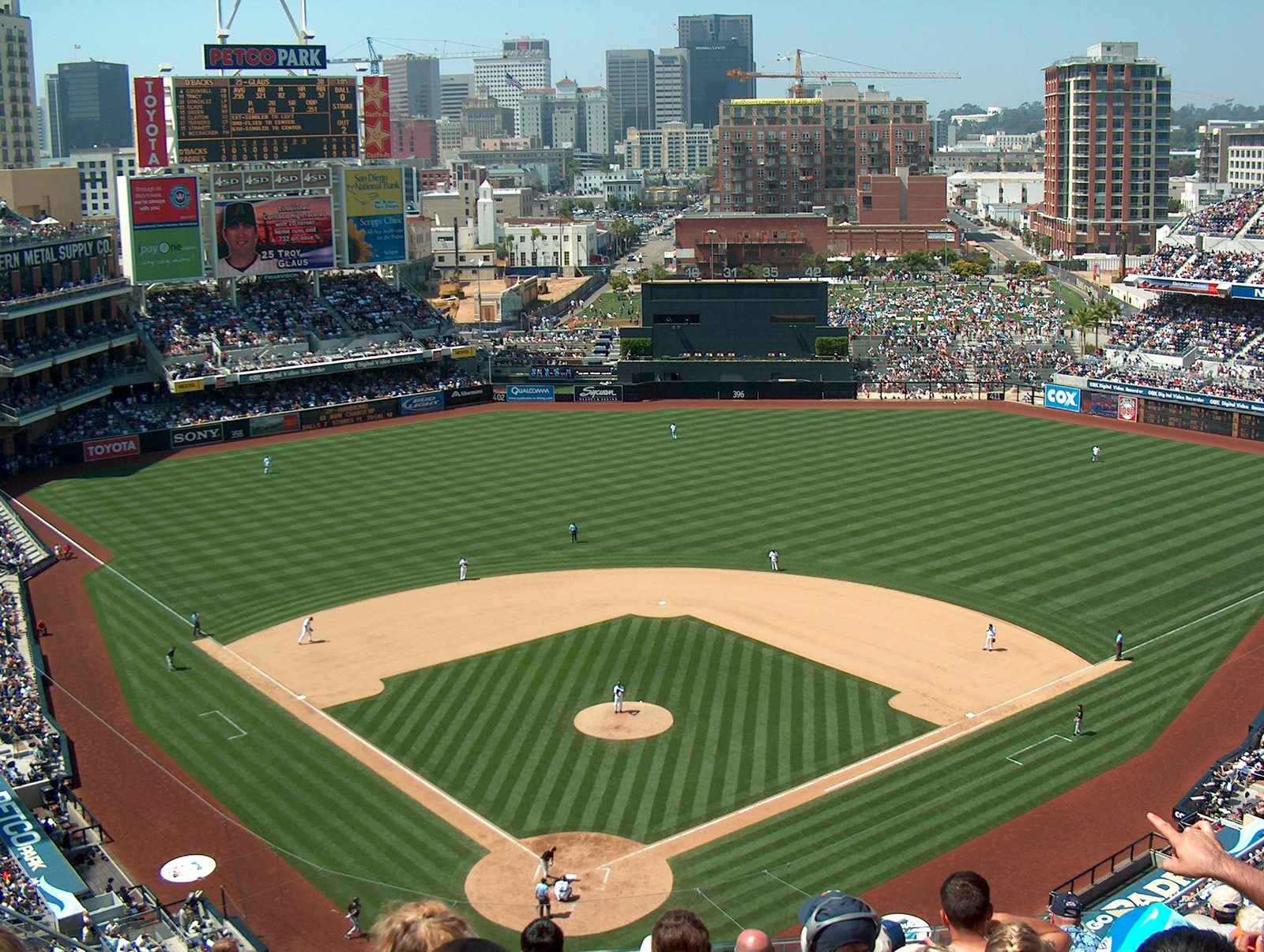 The view from the stands at Petco Park, with the Western Metal Supply Co. building beyond left field. Xander Bogaerts sent a fourth-inning homer into the seats atop that building.