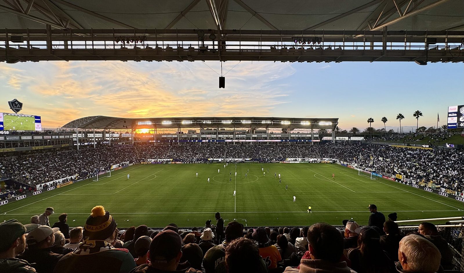 Dignity Health Sports Park in Carson during the Galaxy's 2024 MLS Cup Western Conference semifinal against Minnesota United, sunset over a full bowl. Saturday's match finished under the lights on the same field, clear and 75 degrees at kickoff.