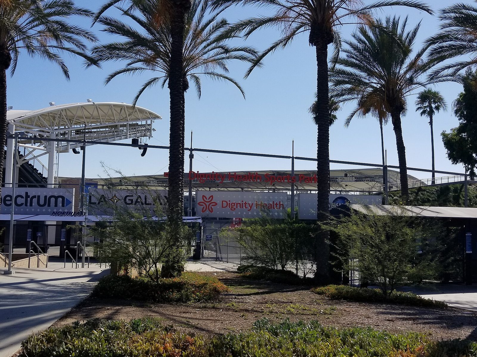 The Dignity Health Sports Park entrance in Carson, the Galaxy signage behind the palms. San Diego's point here follows the club's 3-1 home win over the Galaxy that closed out August, the last win of San Diego's season so far. The return to Snapdragon Stadium comes on Saturday, against Seattle.