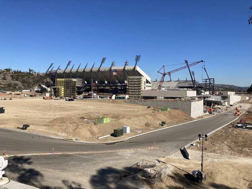Snapdragon Stadium under construction in November 2021, less than a year before it opened. The building that replaced the old Mission Valley stadium has hosted San Diego FC since the club's first season in 2025.