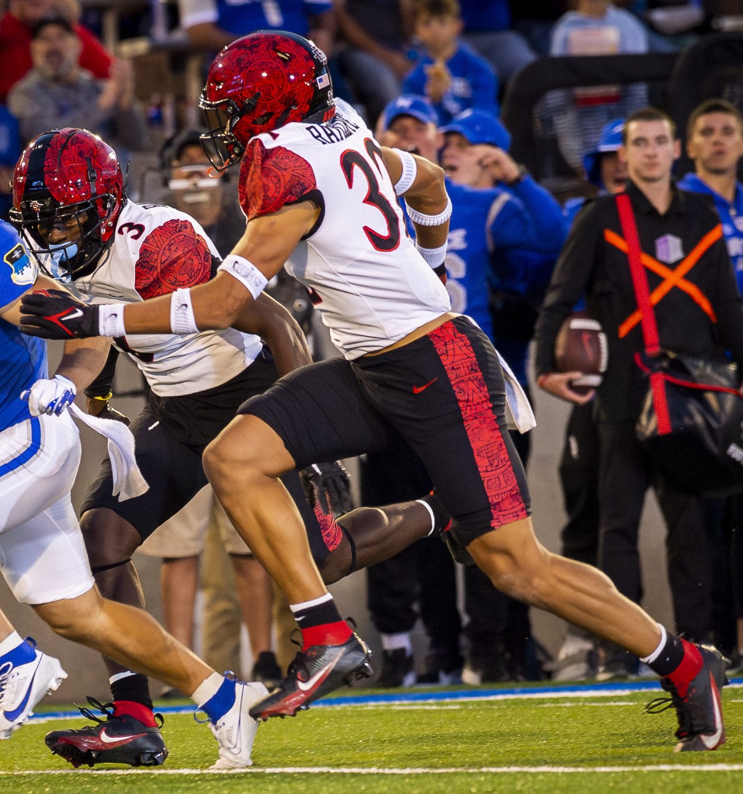 San Diego State defenders in the program's 2023 uniform set. Head coach Sean Lewis has declined to say which players are affected by the mumps outbreak, citing federal privacy laws.
